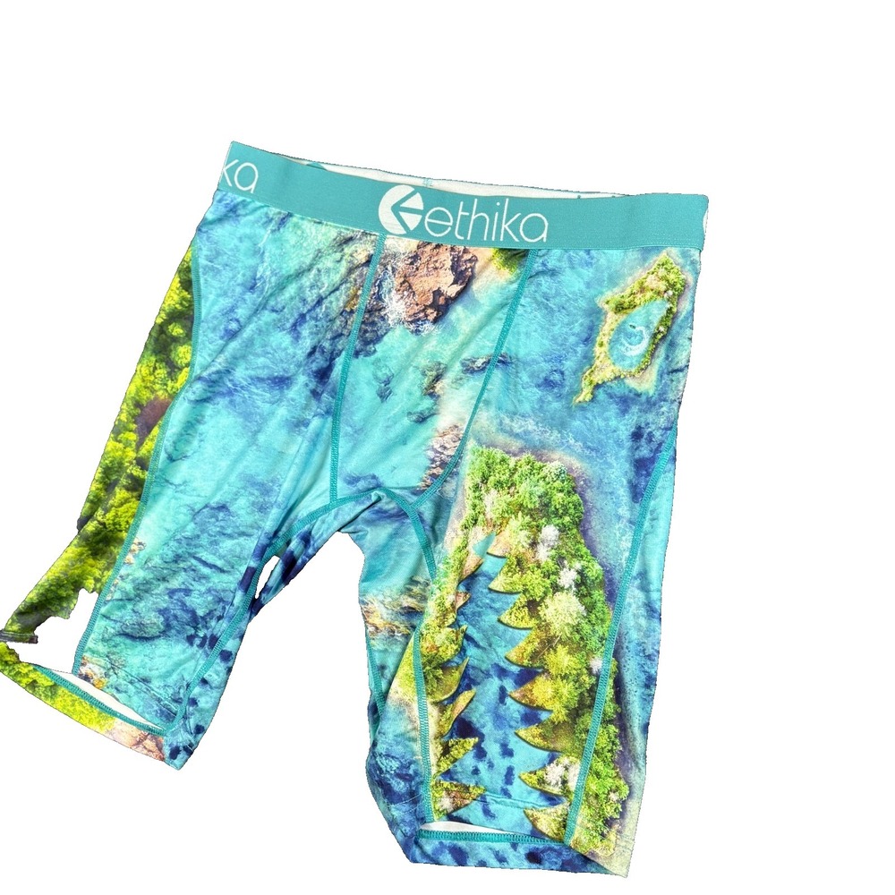 Ethika Boxer Briefs Underwear Mens 29x8.5 Blue Tropical Island Map Graphic Print